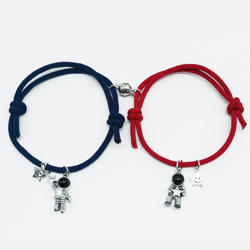 2Pcs/set Couple Bracelet Magnetic Attraction Bracelet Friendship Rope Bracelet Cute Star Astronaut Bracelet for Women: wine blue silver