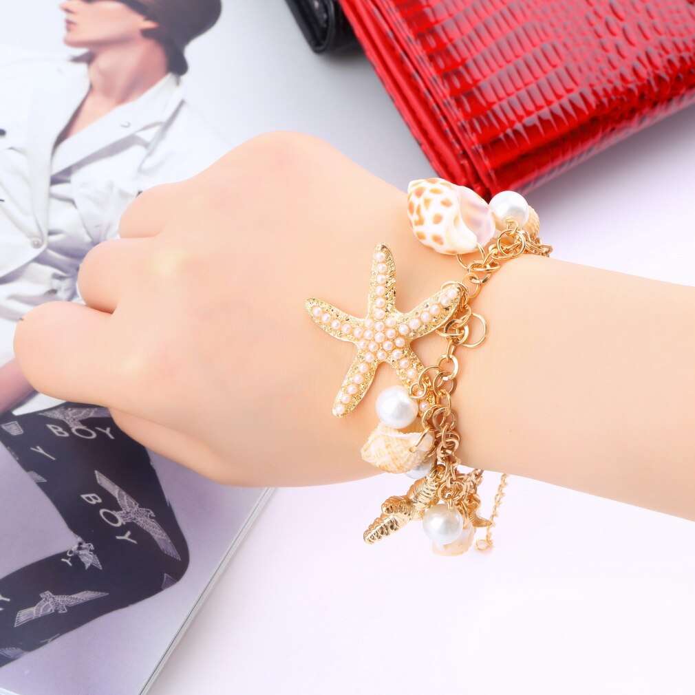 Women Ocean Style Multi Starfish Sea Star Conch Shell Simulated-Pearl Chain Beach Bracelet Bangle Novelty