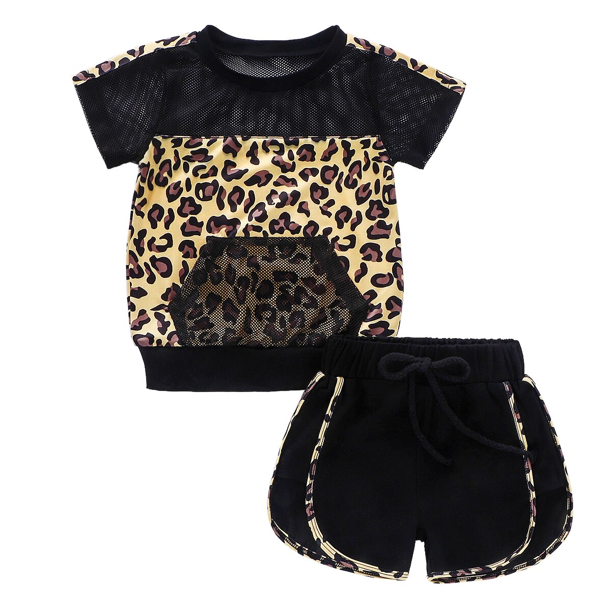Baby andas fisknät mjuk soldräkt ficka outfits sommarkläder spädbarn barn baby flickor leopard patchwork kläder set: 1-2 år / Svart