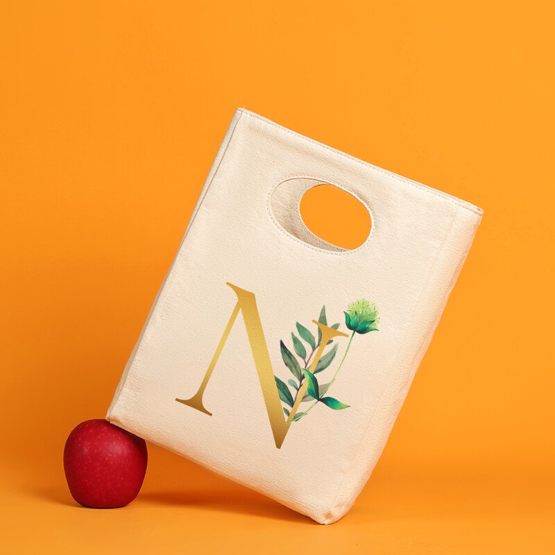 Gold Letter Canvas Neutral Insulated Lunch Bag Canvas Tote Thickened Neutral Reusable Office Picnic Portable Food Storage Bag: 9GoldfN