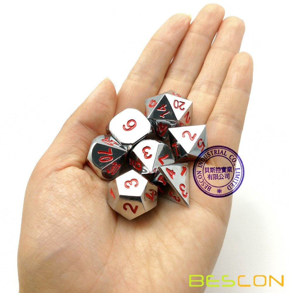 Bescon Zware Shiny Chrome Metal Dice Set Van 7, solid Metallic Chrome Polyhedral Rol Playing Game Dobbelstenen Set W/Rode Cijfers