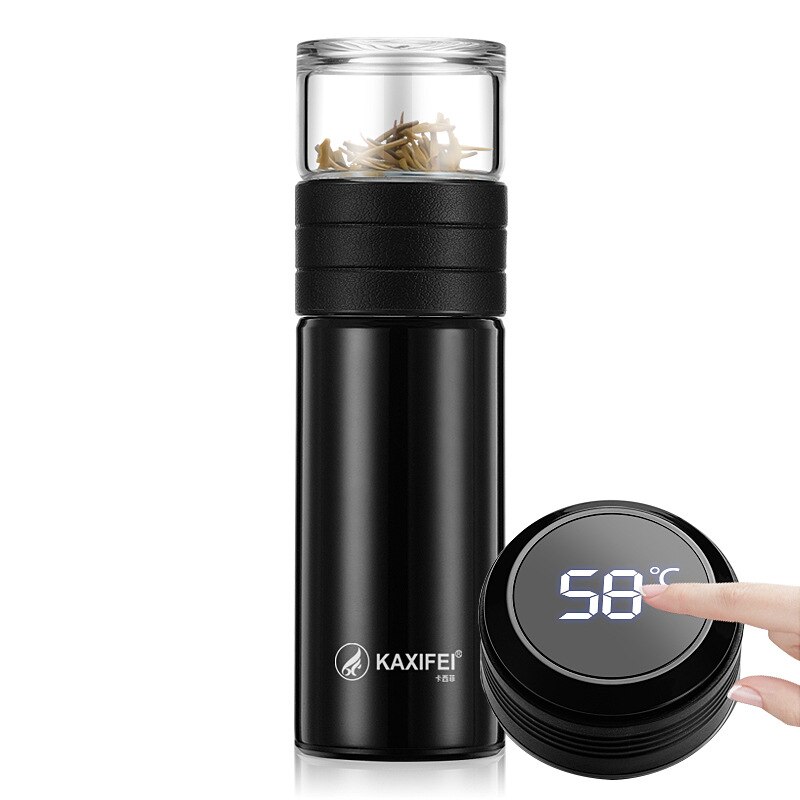 Glass Tea Thermos Vacuum Cup Thermoses Tea Mug Cup Thermos Temperature Display Glass Bottle Tea Infuser Thermal Cup Mug: Black with lcd lid