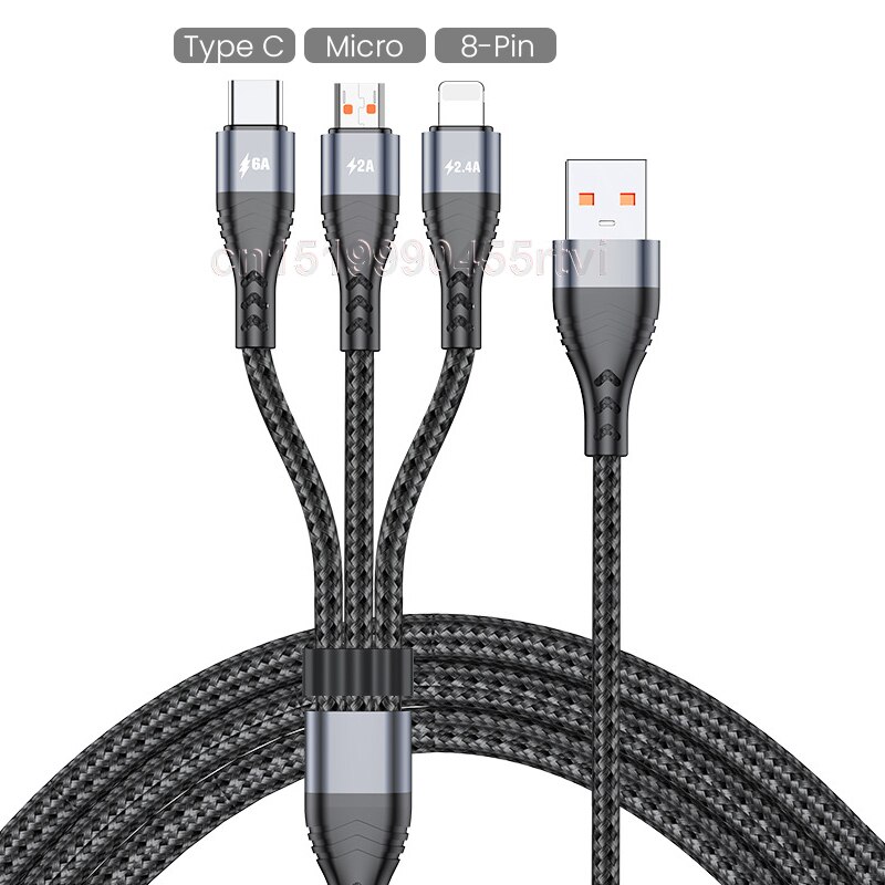 3-in-1 USB-Kabel 6A Schnelladen für iPhone, Huawei, Samsung - USB-A auf Typ-C, Mikro USB, Blitz: Grau / 2m