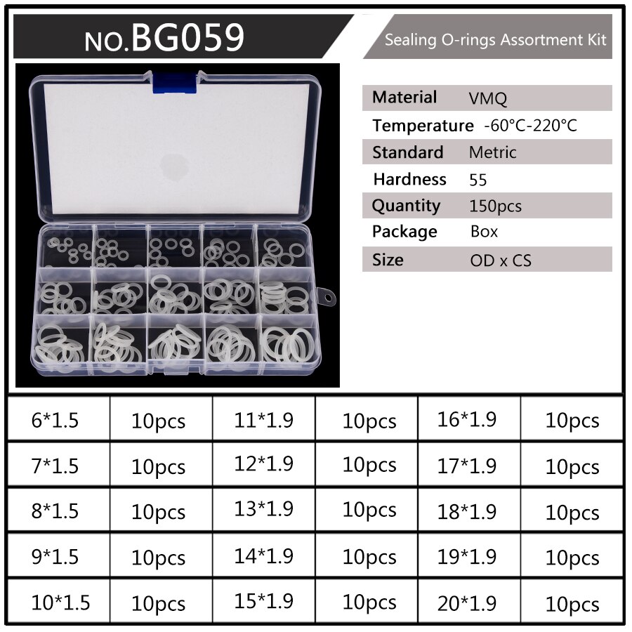 Silicone VMQ Blanc Joints toriques OD 6mm-20mm CS 1.5mm 1.9mm Durable JOINTS TORIQUES Assortiment Kit 10 Tailles 150 Pièces/ensemble BG037: BG059 x1