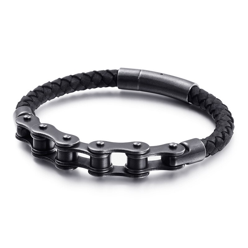 Trend Leather Braided Stainless Steel Bike Chain Bracelet Motorcycle Chain Wristband Men Bicycle Bangle JewelryWholesale: Antique Black