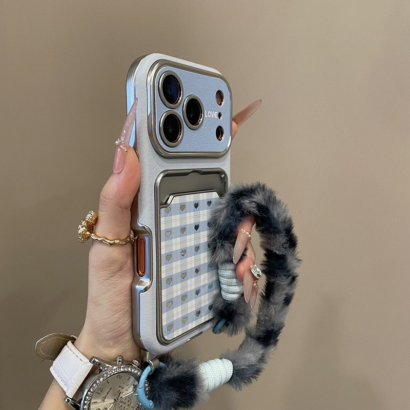 Chic Plaid Heart Silver Mirror Case for iPhone 17 Pro Max 16 15 14 Pro 13 Card Holder Cartoon Phone Case With Fur Lanyard: PP / Blue
