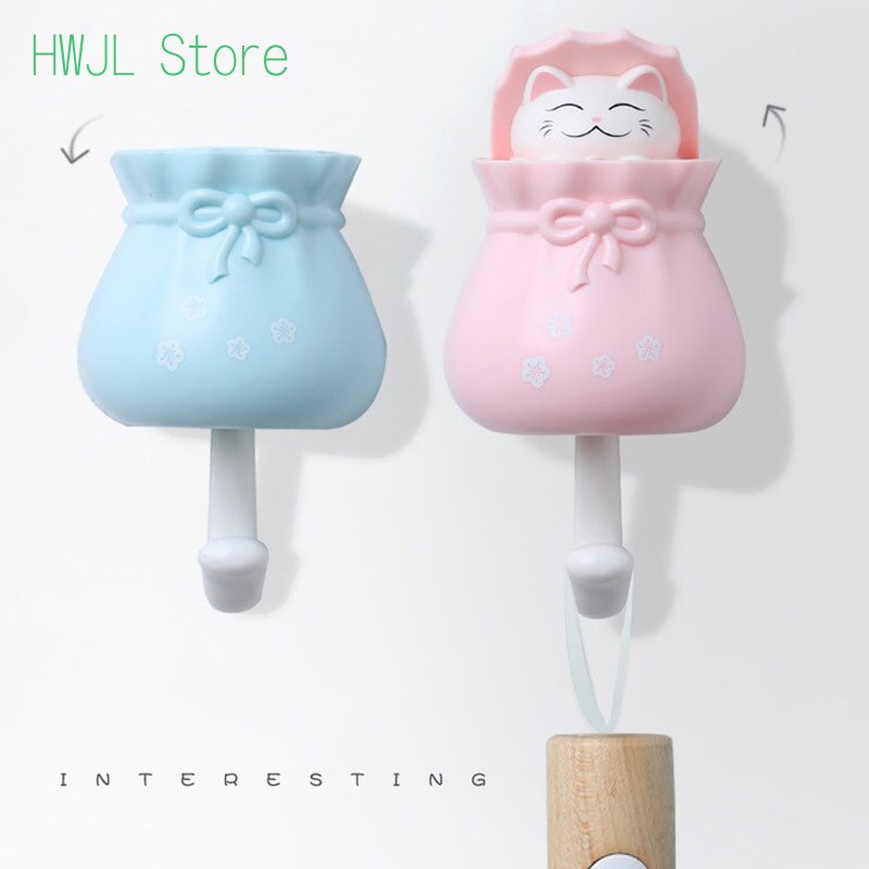 Sac en forme de chat porte-bonheur Kawaii, crochet de porte-clé arrière, crochet mural auto-adhésif décoratif pour rangement de salle de bain