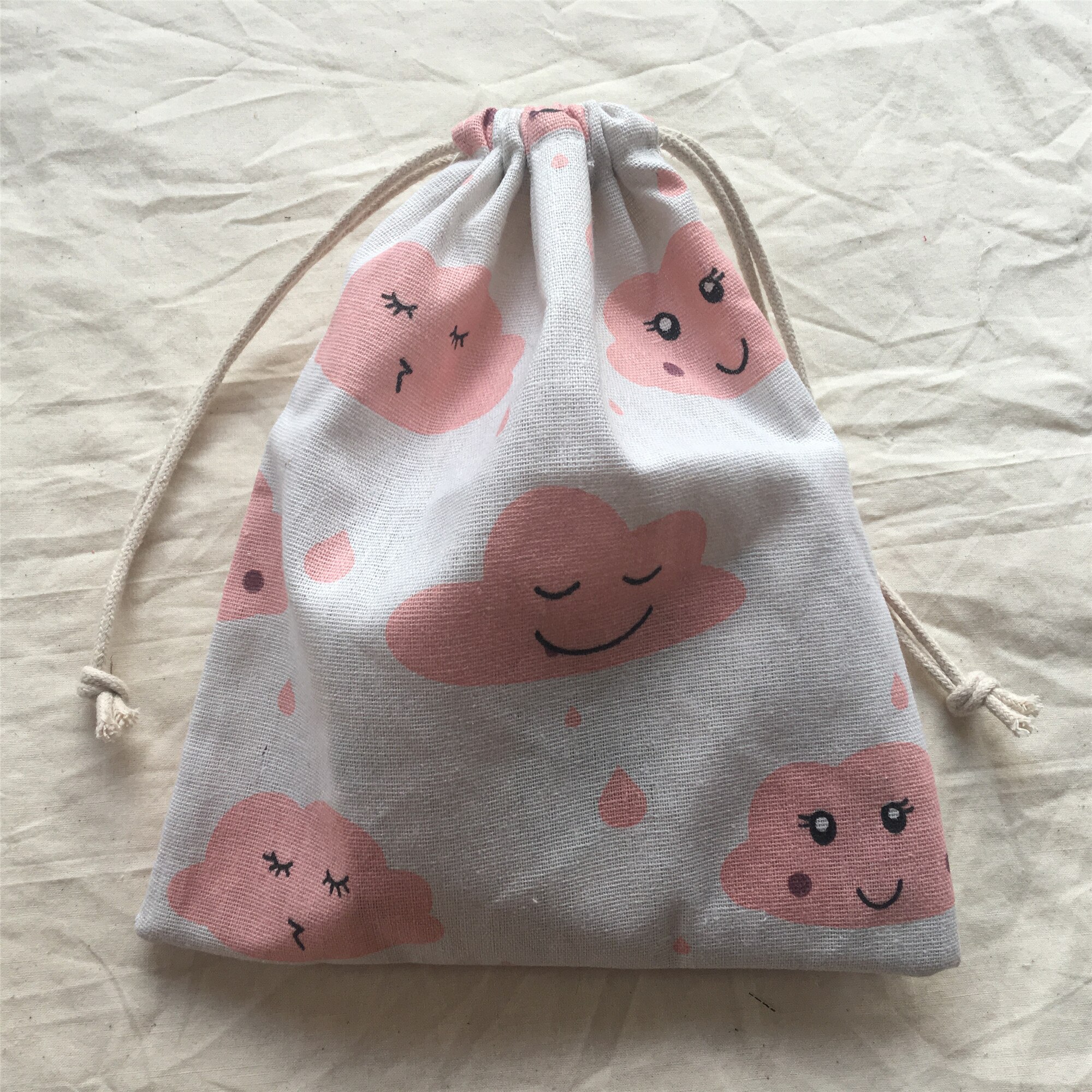 1pc Cotton Linen Drawstring Organized Bag Party Pouch Print Pink Cloud Rain YL1