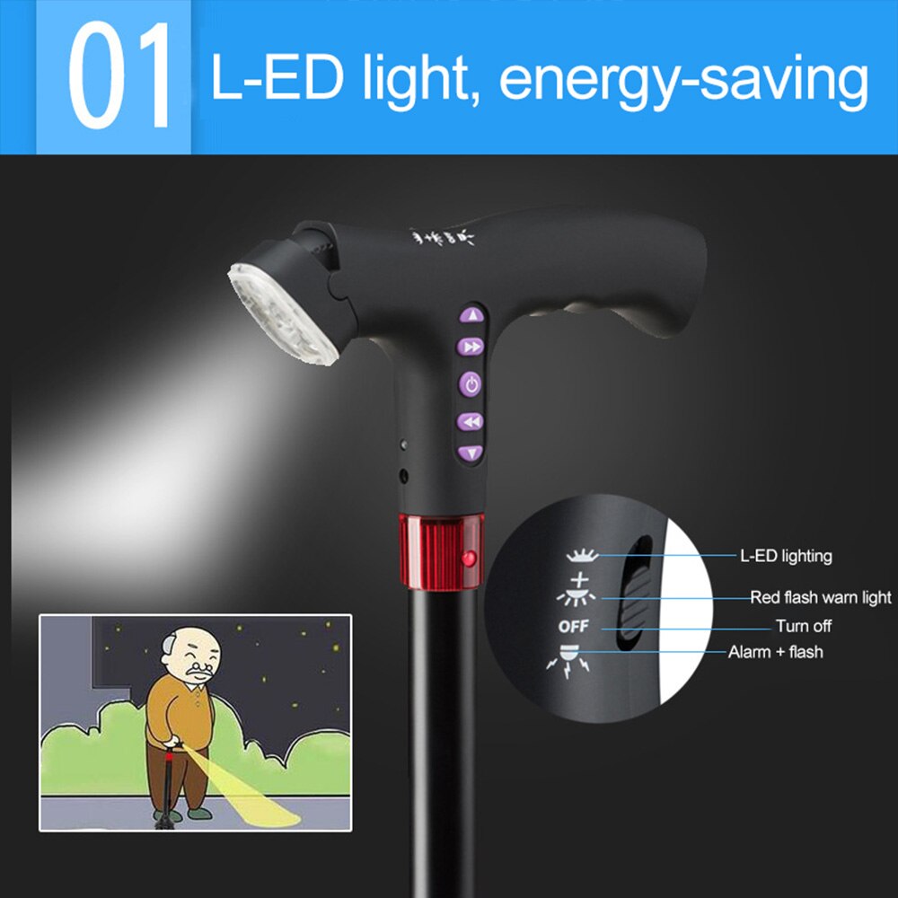 Elderly Adjustable L-ED Walking Cane FM Radio MP3 Smart Safety Fall Alarm Walking Stick Trusty Sticks for the Elder Fathers