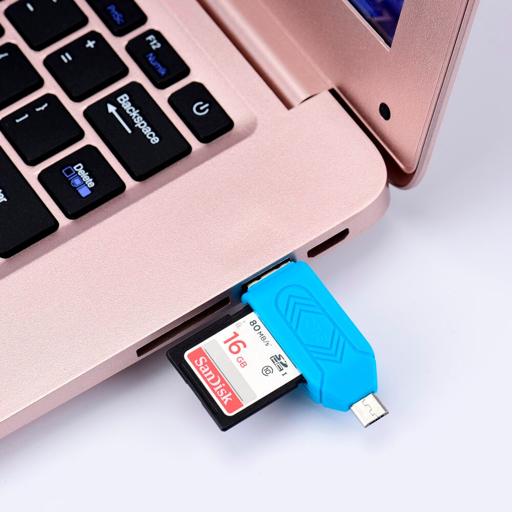 MINI USB 2.0 +OTG Micro SD/SDXC TF Card Reader Adapter U Disk #T2: Blue