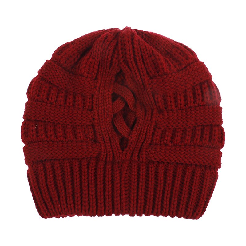 Gorro de cola de caballo para mujer, gorros tejidos para madre y niña, gorros gruesos y cálidos, gorras de color liso: 7