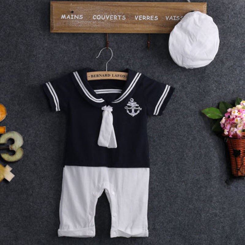 12-18Monate Kleinkind Baby Kleidung einstellen Seemann Kragen Baby Mädchen Strampler Kurzarm Einem Stück Overall Für Jungen Kleidung Hüte einstellen: Marine / 18m