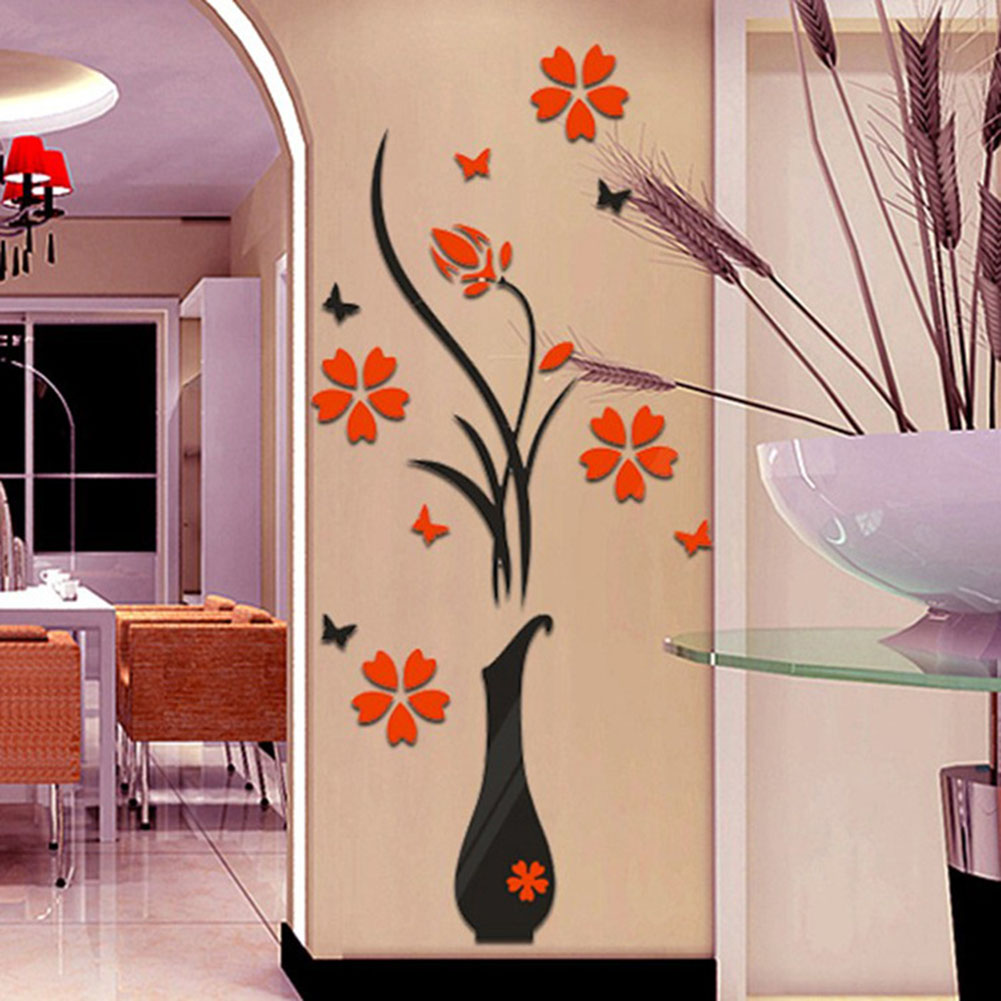 Jarrones especiales 3D, ciruela, flor, espejo de pared calcomanía extraíble, pegatina para recibidor de casa, decoración del hogar, pegatinas de pared en la pared