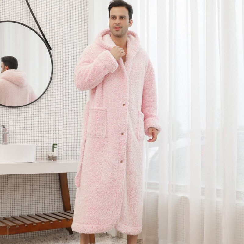 Autumn Winter Bathrobe Men Women Loose Plus Size Cardigan Buttons Warm Dressing Gown Male Plush Long Robes Home Wear: Men Pink / XXXL