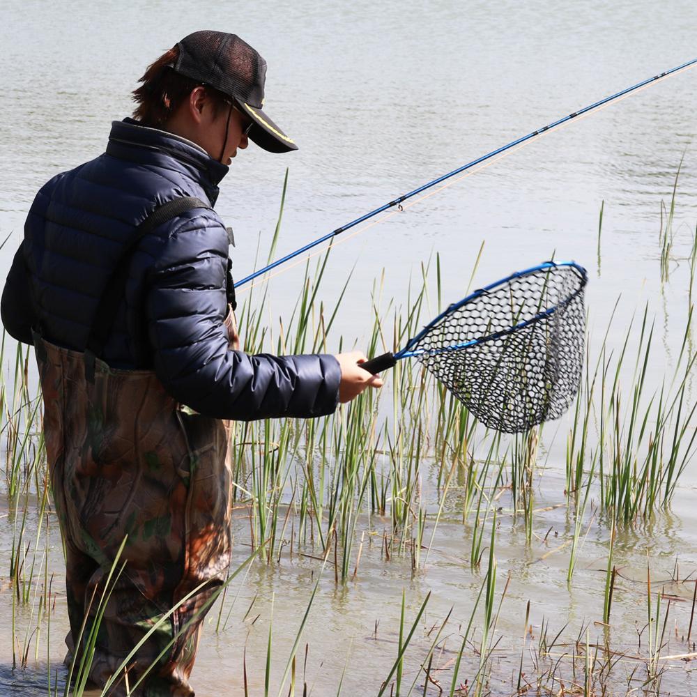 Sougayilang Fly Fishing Net Mesh Soft Rubber Red Landing Net Trout Catch Net Lanyard Rope Magnetic Buckle Fishing Tackle tools