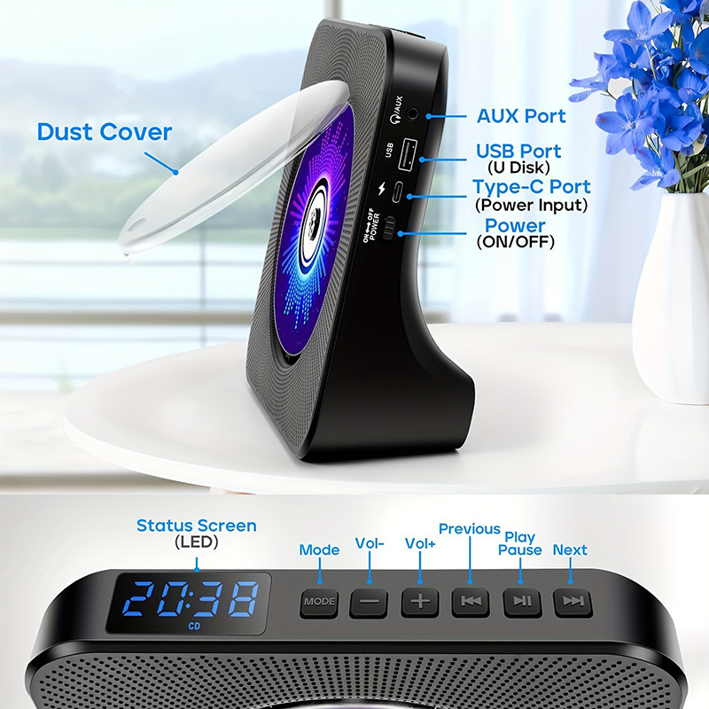 Rechargeable CD Player with Bluetooth Infrared Remote Control Built-in Speaker AUX USB FM Radio For CD-R/CD-RW Music Player