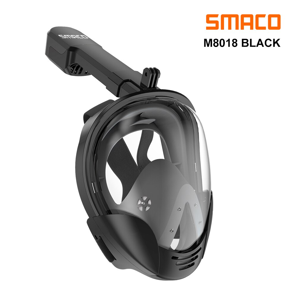 SMACO Full Face Snorkel Mask with UV Protection Anti-Fog Detachable Camera Mount 180 degrees Panoramic View: Black / S/M