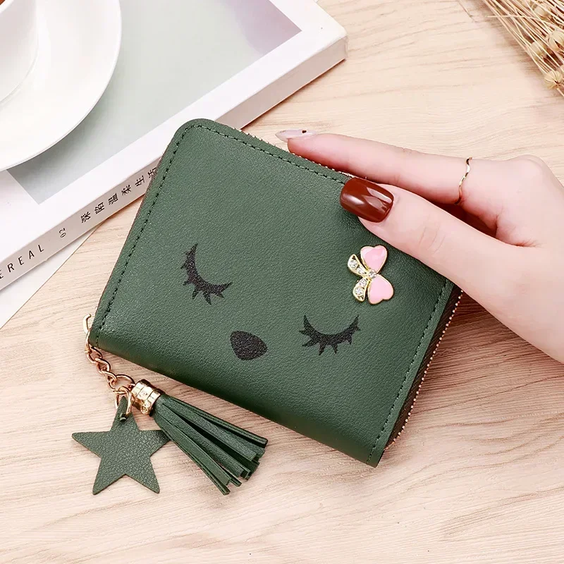 Women Wallet Ladies Mini Small Short Tassel Wallet Cute Girl Zipper Pu Leather Coin Purse Female Hand Wallet Purse: Brown