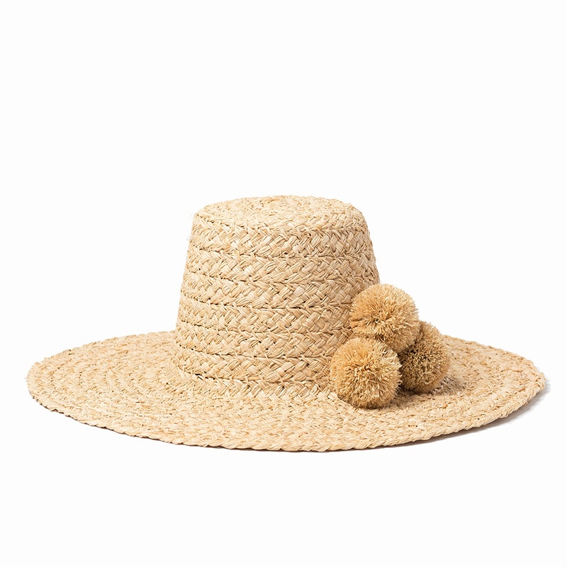 Handgjord raffia hög päls boll dekoration hatt bred brättad hatt solskydd för dam sommarmössor