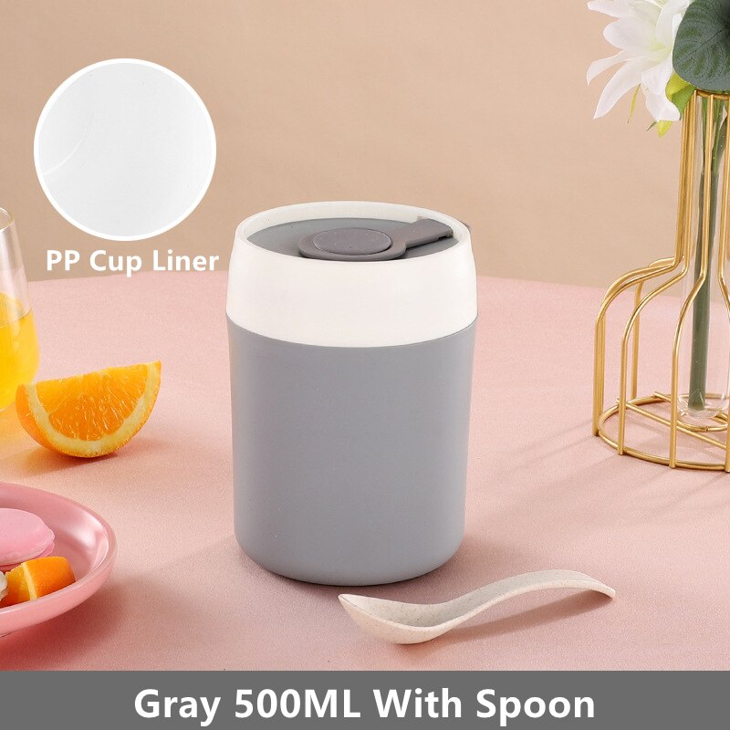 304 Stainless Steel Breakfast Cup Milk Oatmeal Insulation Cups Students Work Adult Insulating Soup Leakproof Cup With Spoon Lid: PP Gray