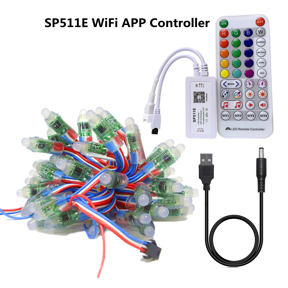 1 sæt  dc 5v ws2811 fuldfarve 50 dioder  ip68 vandtæt rgb pixel led modul + bluetooth / wifi / musik fjernbetjening app led controller: Sp501e wifi
