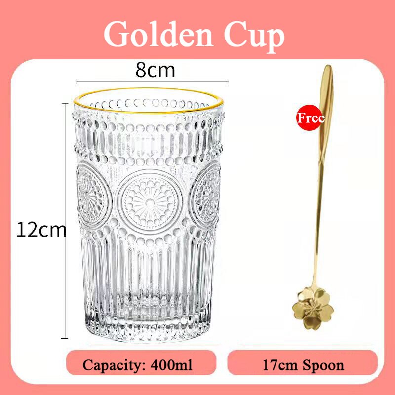 400ml Transparent Glass Water Cup Household Simple Fresh Style Wine Glass Retro Carved Drinking Juice Milk Coffee Beer Glass Cup: G 400ML and Spoon