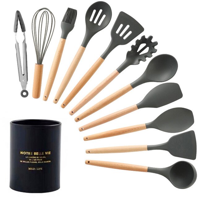 ATUCOHO 12PCS Kitchen Utensils Cooking Kit Silicone Accessories Spaghetti Food Clip Oil Brush Spatula Egg Beater Kitchen Tools: 12pcs black set