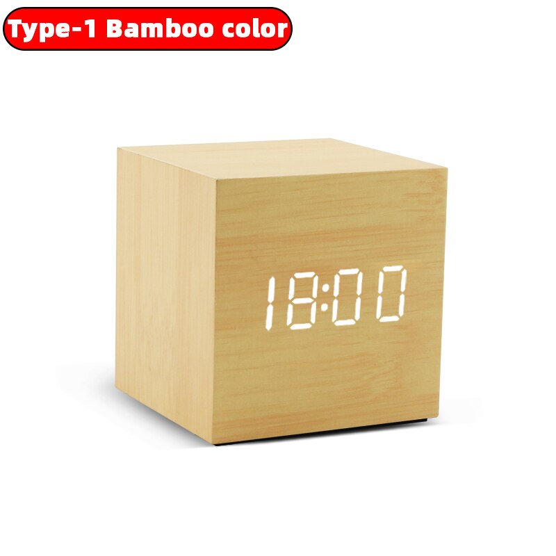 Wekker Tafel Klok Led Digitale Houten Usb/Aaa Aangedreven Bureauklok Temperatuur Vochtigheid Voice Control Elektronische Home Decor: type 1-bamboo color