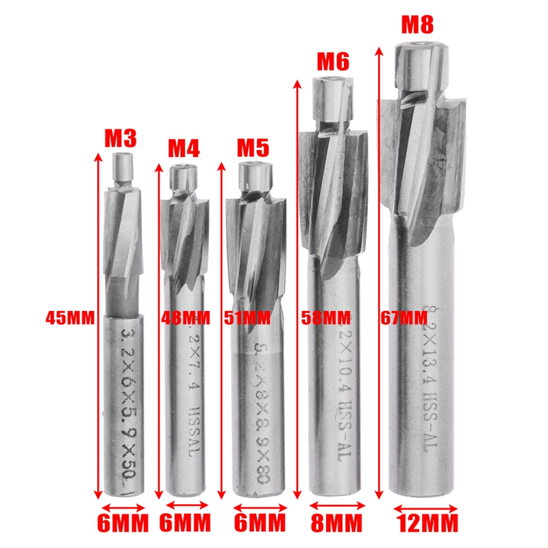 Best 5Pcs HSS Counterbore End Mill M3-M8 Pilot Slotting Tool Milling Cutter Countersink End Mills