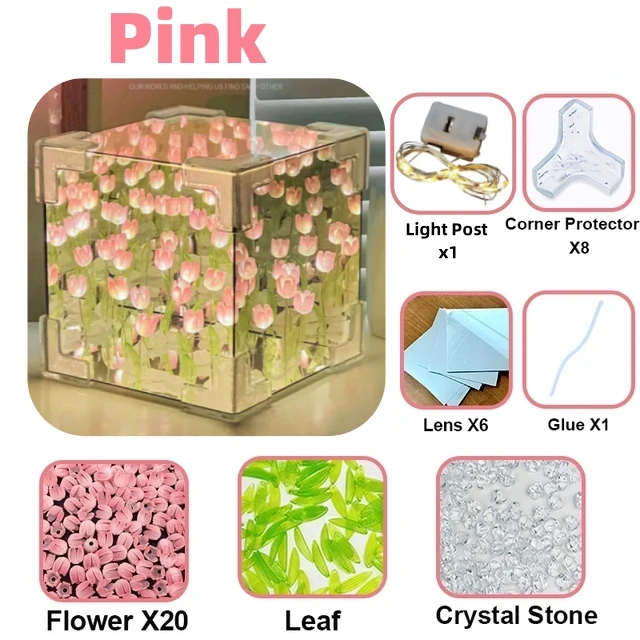 Lámpara de mesa de tulipán artesanal para dormitorio, luz nocturna de espejo de tulipanes, flor de simulación hecha a mano, de cumpleaños: Rosa