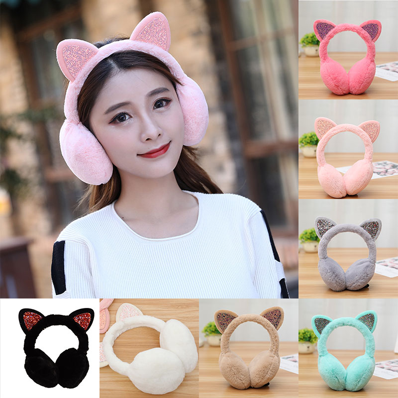 Ear Muffs Cat Animal Ears Warmer For Women Girls Cute Winter Outdoor Ear Cover Warm Sequin Earmuffs Fluffy Earflap Ear Warmers