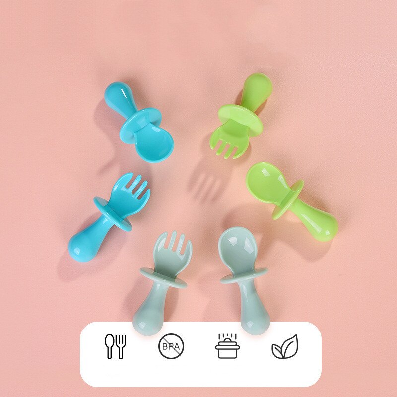 Vaisselle d'entraînement pour bébés,cuillère et fourchette à manche court, couleur unie, matière PP sécurisée, pour enfants, motif mignon, paquet de 2 pièces,