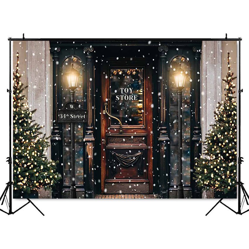 Glædelig jul fotografering baggrund vinter sne juletræ legetøjsbutik gade for børn portræt baggrund fotostudie
