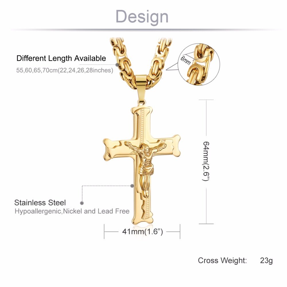 Goud Kleur Rvs Jesus Cross Hanger Ketting 6 Mm Link Byzantijnse Collier Lange Zware Mannen Sieraden Collares MN68