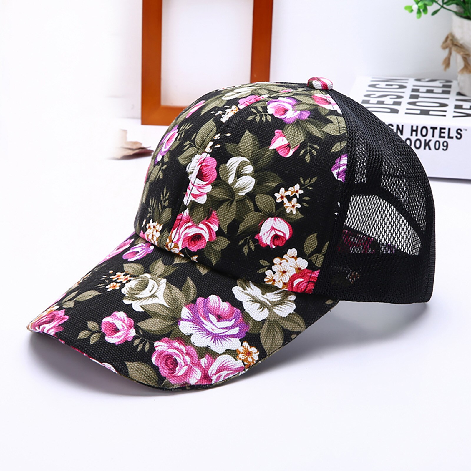 Floral Cap For Women Printing Mesh Breathable Baseball Caps Hat For Golf Fishing Mum Hats: Black