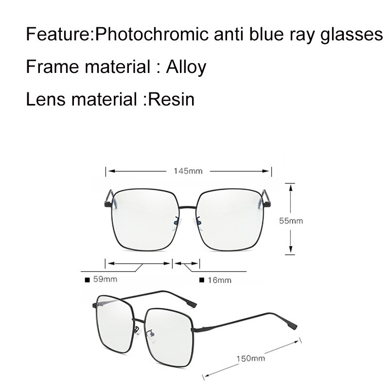 Chameleon Sunglasses with Anti Blue Light Glasses for Men Women Big Frame Square Photochromic Blue Ray Blocking Eyewear