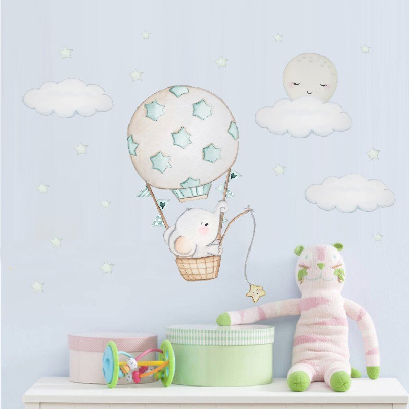 Zwierzęta kreskówkowe słoń naklejki ścienne dla dzieci pokój dekoracja pokoju dziecinnego balon dmuchany naklejki ścienne chmura księżyc gwiazdy pcv