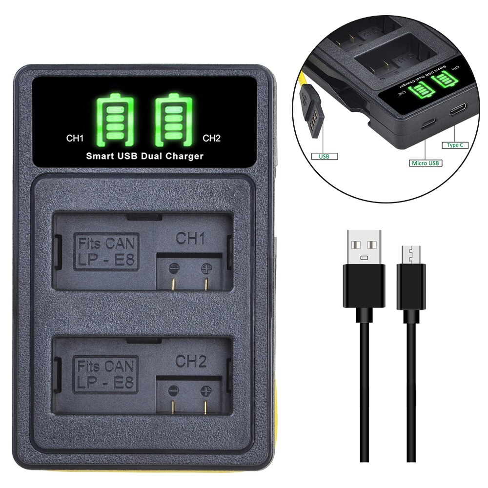 2x 1800 mah lp -e8 lp e8 kamera batteriladdare med typ c-port för canon eos 550d 600d 650d 700d kyss  x4 x5 x6i x7i rebell  t2i t3: Endast laddare