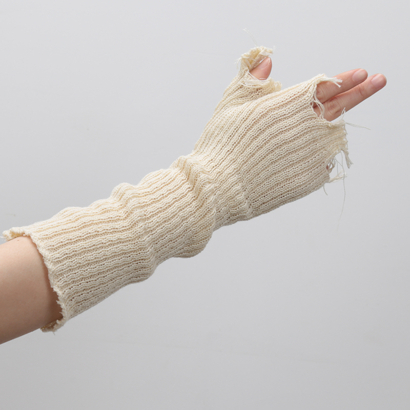 1 par de guantes negros Punk Unisex sin dedos guantes de punto mujeres hombres hasta el codo mitones roto estiramiento guantes calentadores de brazo: Beige