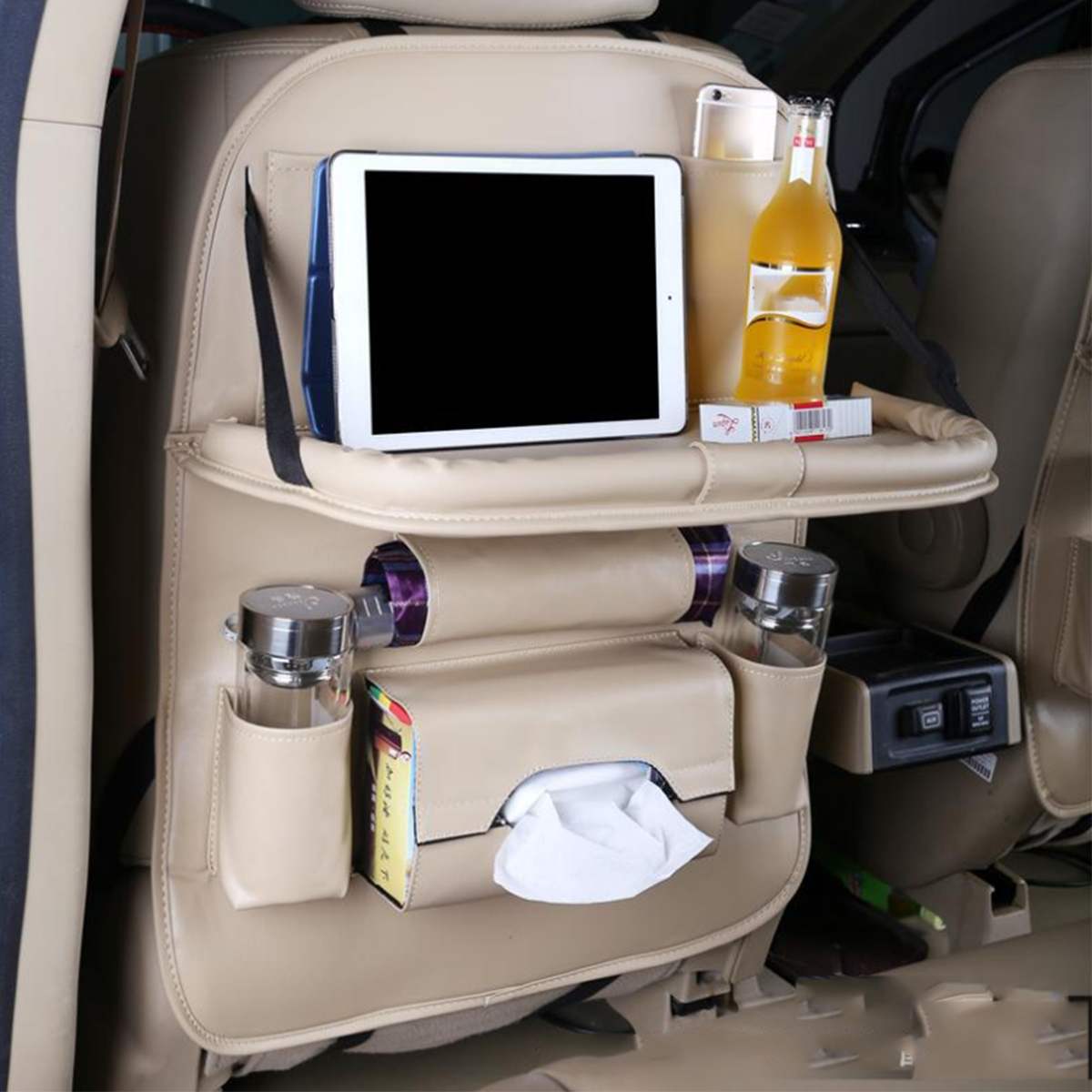 Soporte plegable para taza de coche, organizador Interior multifunción para coche, soporte para asiento de vehículo, soporte para botella de teléfono, soporte para bebidas, cajas de comida, bandeja: Blanco