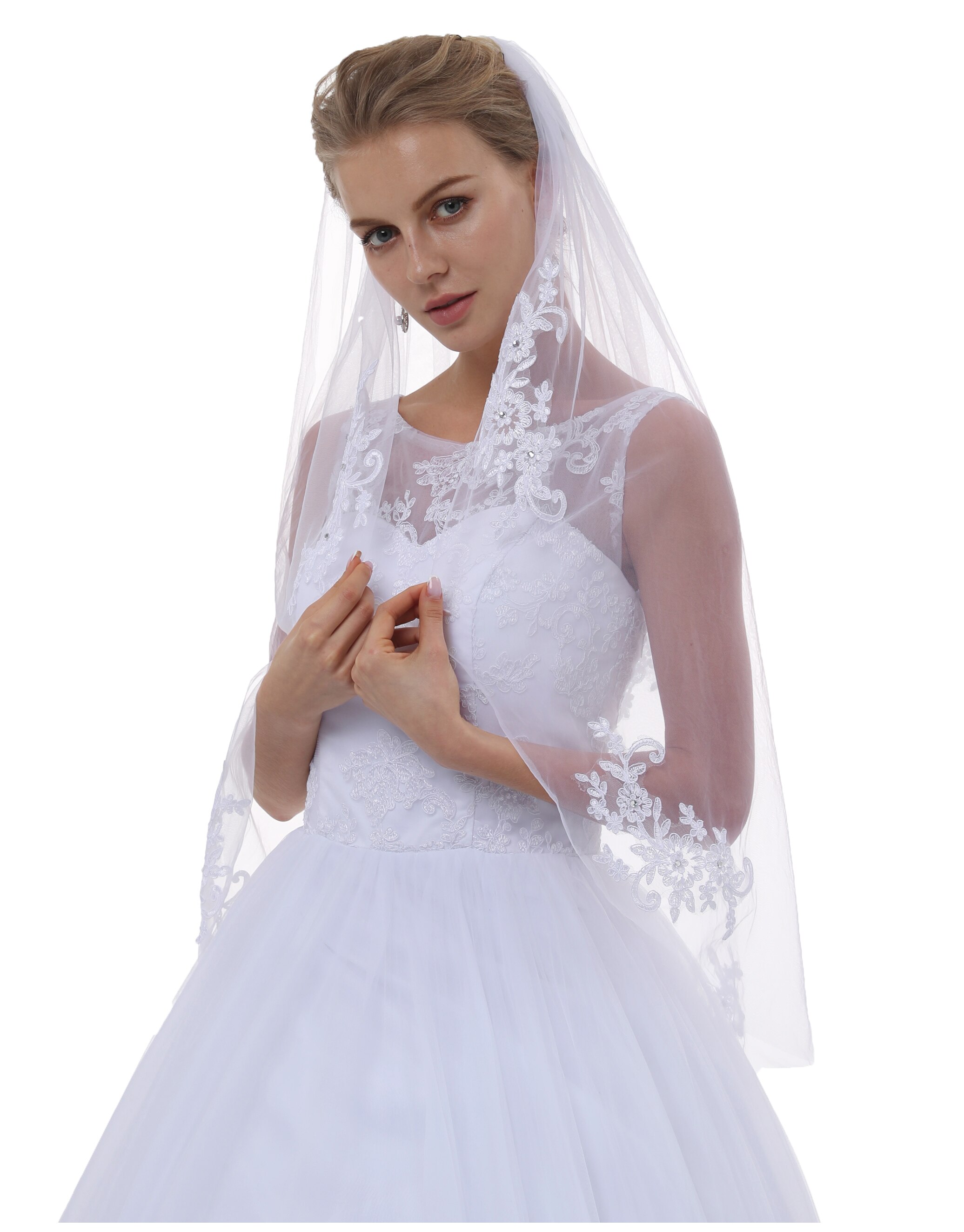 Good Lace Crystal Two Tier Bridal Veil Short Lace Wedding Veil for Bride Veu De Noiva