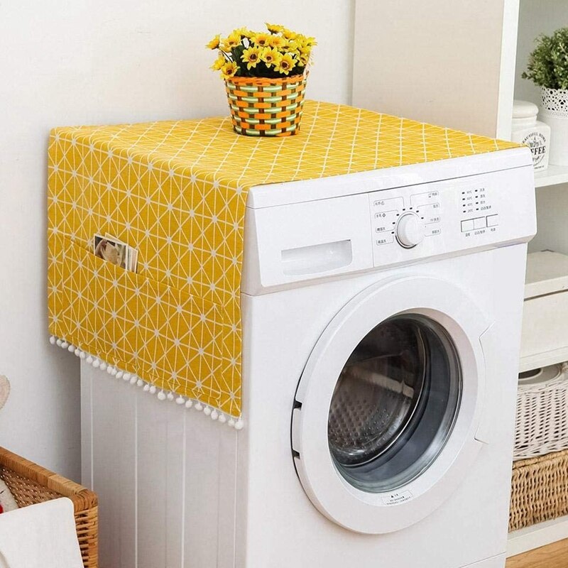 Koelkast Stofkap, Wasmachine Katoen Linnen Top Cover, Met Side Opbergtas-Gele En Witte Strepen