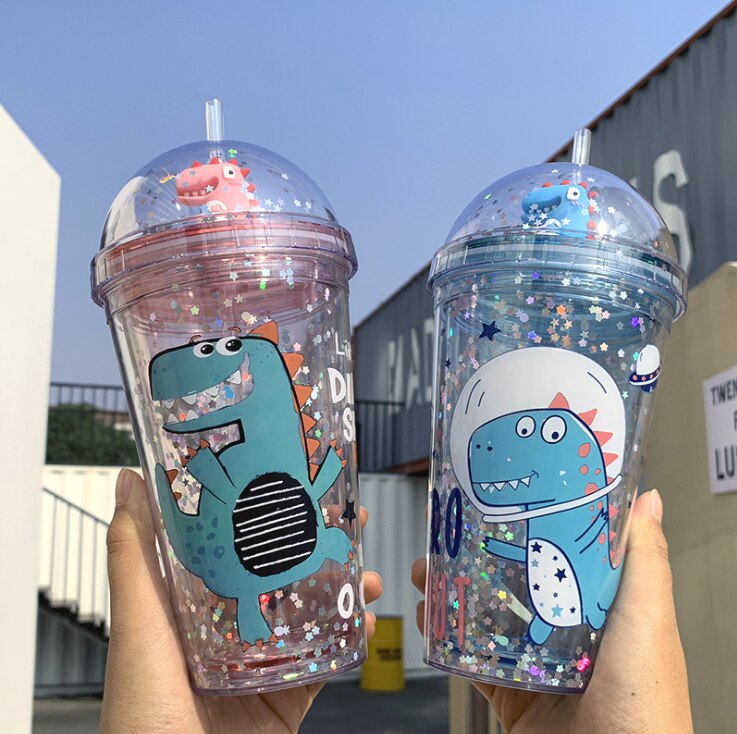 Bebê dinossauro aprendendo a beber tritan, 350ml bebe com alça bebê alimentação garrafa à prova de vazamento de água com canudo