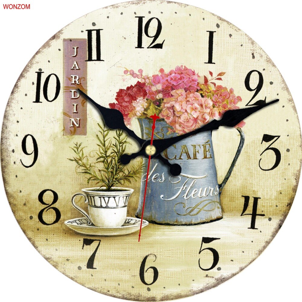Reloj de pared redondo de madera con de flores y flores, reloj de pared redondo decorativo con de números arábigos, sin tic-tac, grande, para dormitorios y baño