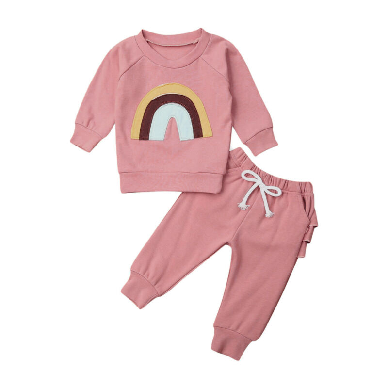 Regnbågskläder nyfödda barn flicka långärmade toppar långärmad tröja volangbyxor outfits höstkläder
