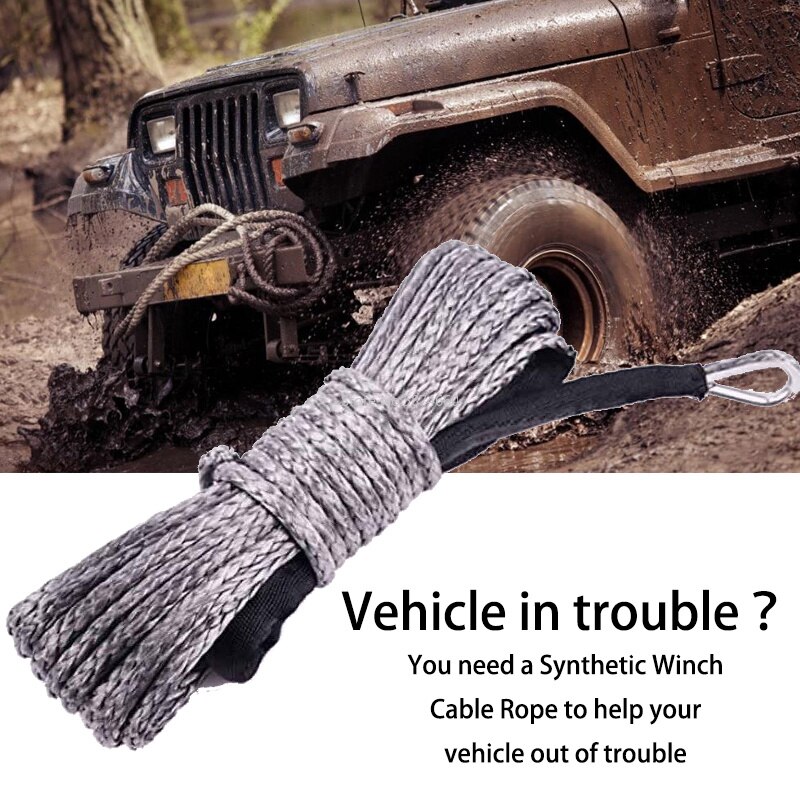 Winch Rope String Line Cable with Sheath Gray Synthetic Towing Rope 15m 7700LBs Car Wash Maintenance String for ATV UTV Off-Road