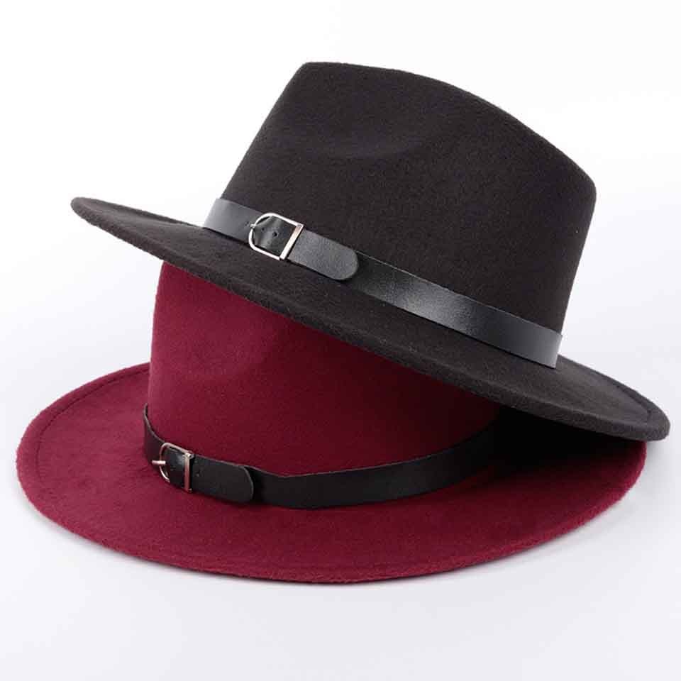 Klassieke Britse Fedora Hoed Brede Rand 8Cm Mannen Vrouwen Imitatie Wollen Winter Vilten Hoeden Mode Jazz Hoed Met Zwarte lederen Gesp