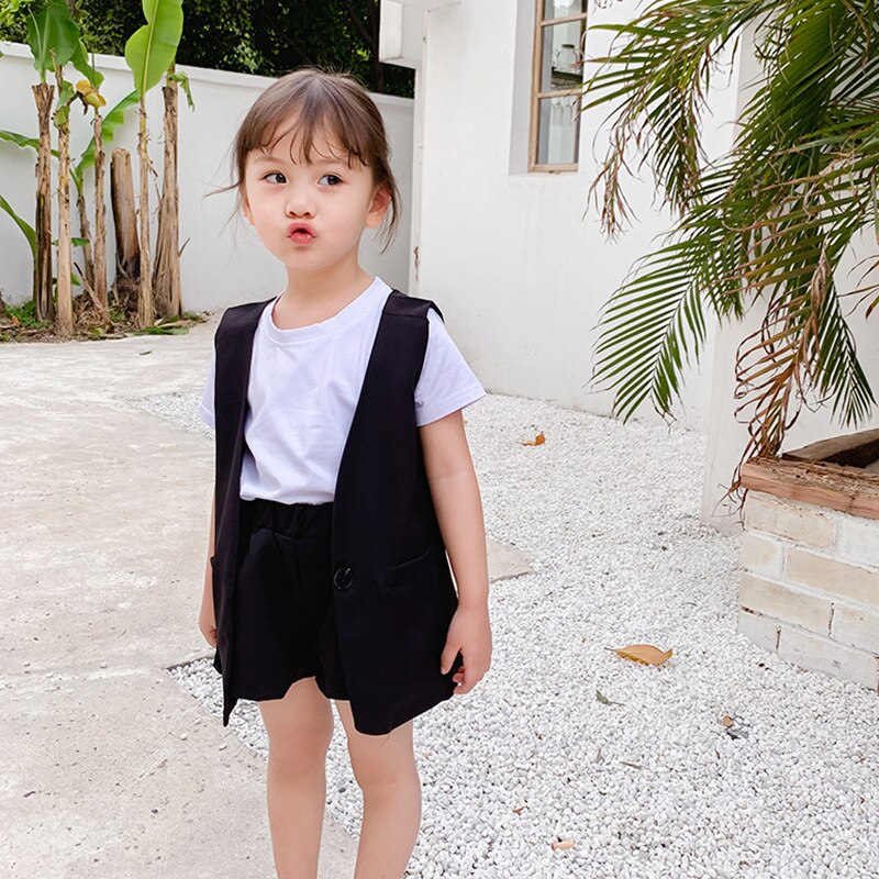 Brand Toddler Girl's 3 Pcs Clothes Set Summer Vest +short Sleeve T Shirt + Pants Kids Clothing Suit Cool Outfits: black / 7T
