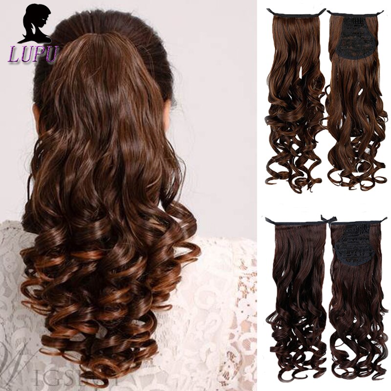 Cola de Caballo rizado largo de 16 pulgadas LUPU con Clip de cordón en la cola del pelo extensiones de pelo sintético de fibra de alta temperatura