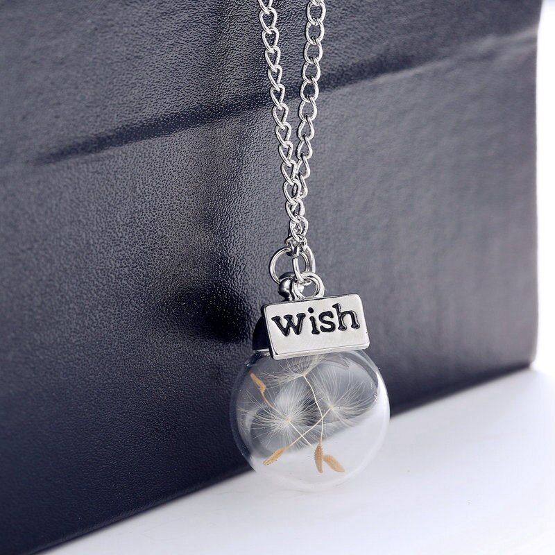 Glas Ball Löwenzahn Getrocknete Blume Halskette Für Frauen Kind Silber Farbe Kette Charme Anhänger Merk Schmuck Party Choker